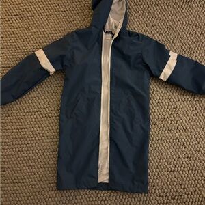 Stylish Blue Hooded Raincoat with White Accents